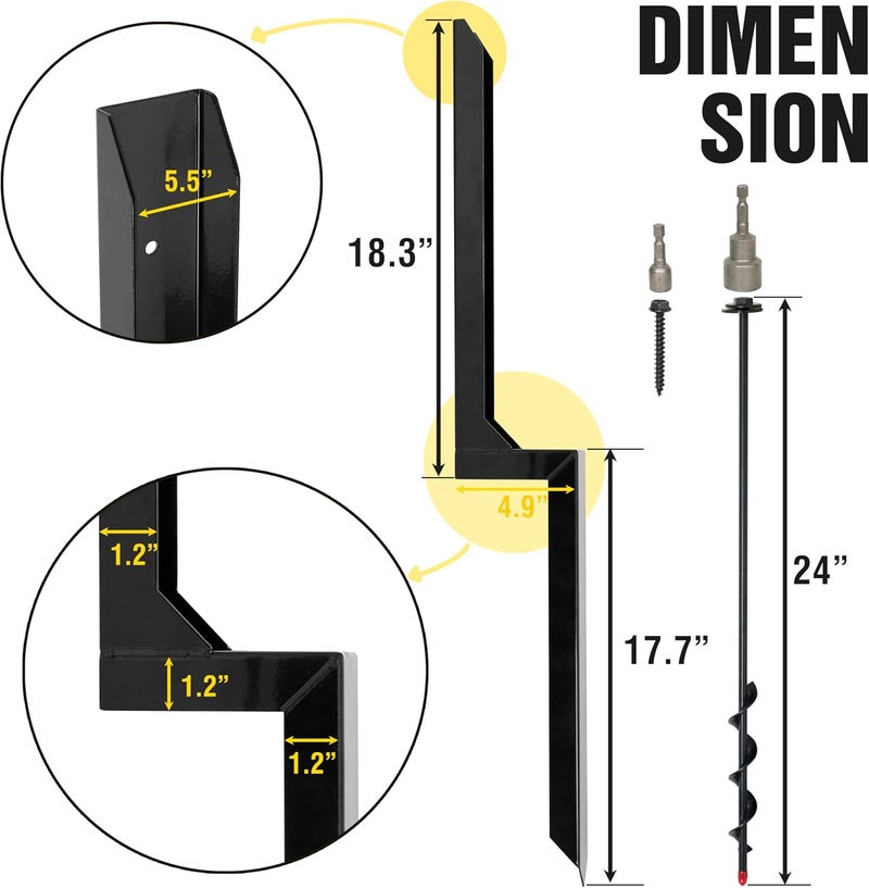 LADECH Heavy Duty Steel Fence Post Repair Stakes with Ground Anchor Screw in, Fix Anchors Ground Spike for Fence Posts, Repair Tilted/Broken Wood Posts (Black - 1 Pc) - Image 2